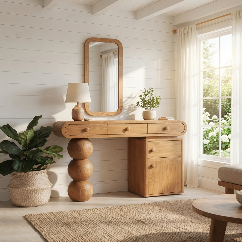 Rustic solid wood dressing table in a cozy bedroom