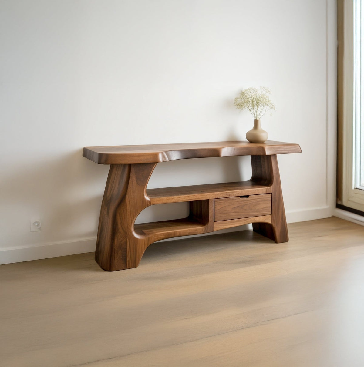 Wooden console table with natural live edge for hallway decor