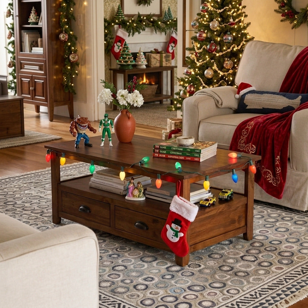 Rustic solid wood coffee table styled in a modern living room