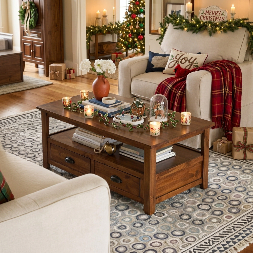 Rustic solid wood coffee table styled in a modern living room