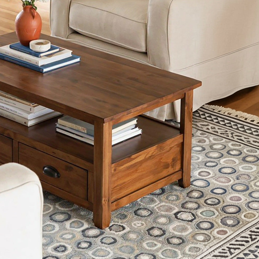 Rustic wooden coffee table with open shelf storage