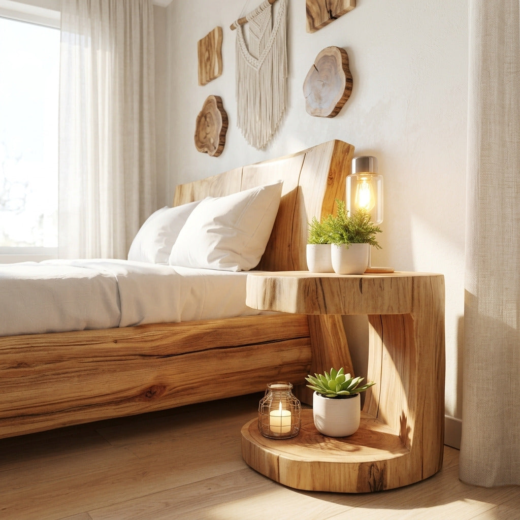 Rustic modern live edge nightstand in a contemporary bedroom
