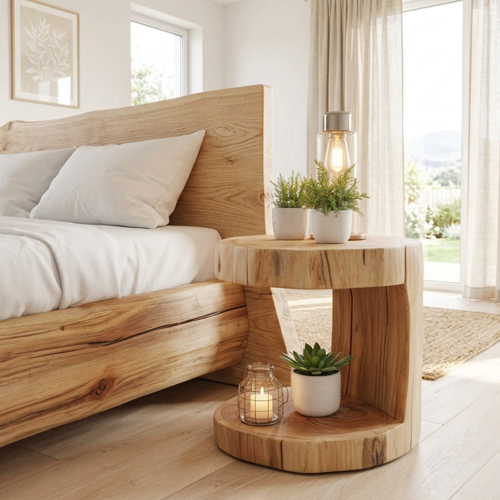 Live edge wooden nightstand in a minimalist bedroom