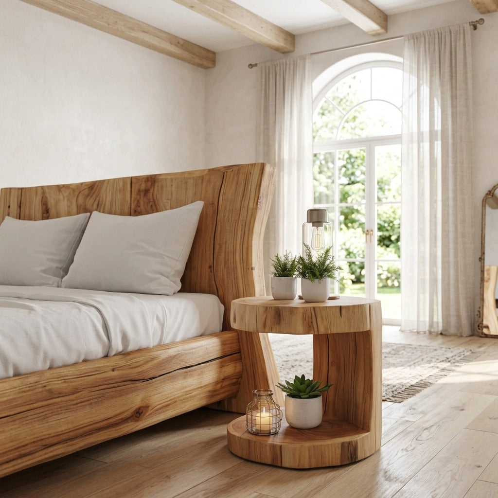 Organic solid wood bedside table in a Japandi bedroom