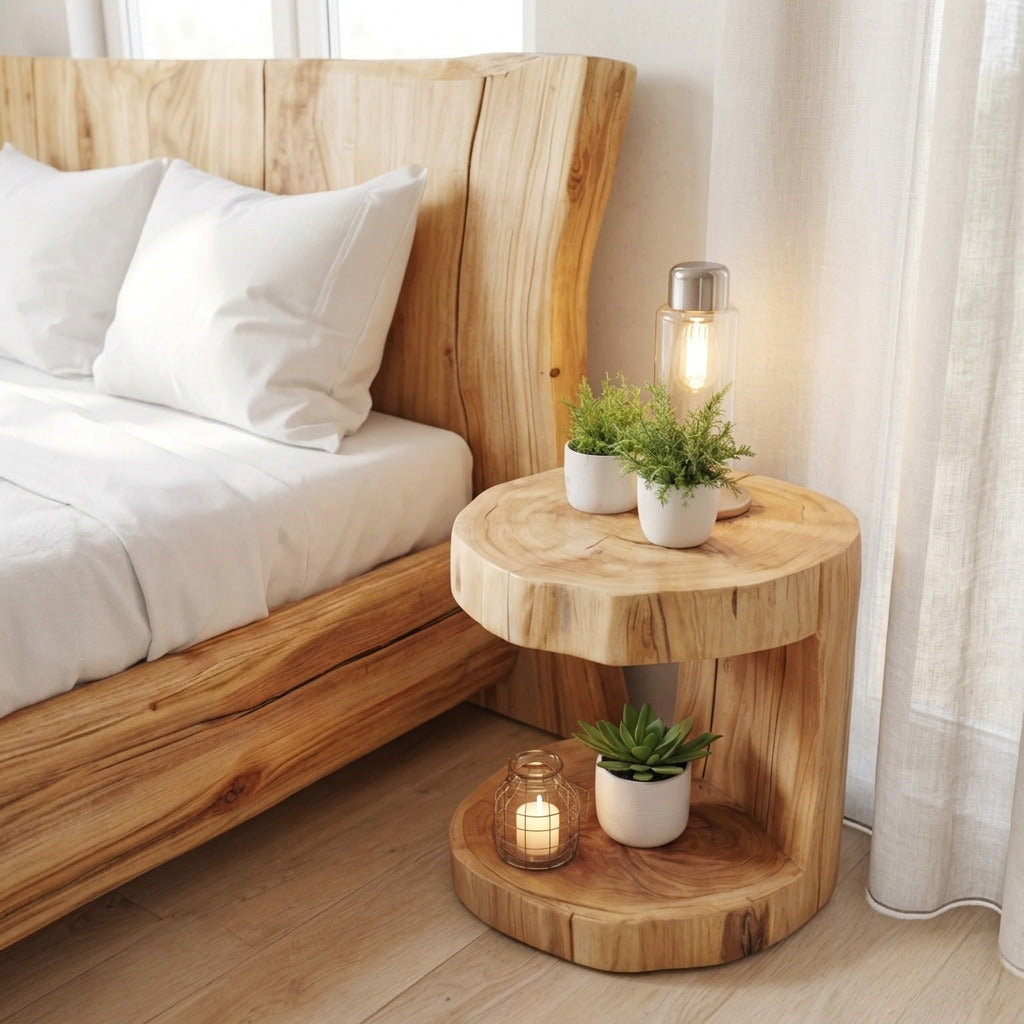 Rustic wooden nightstand crafted from natural solid wood