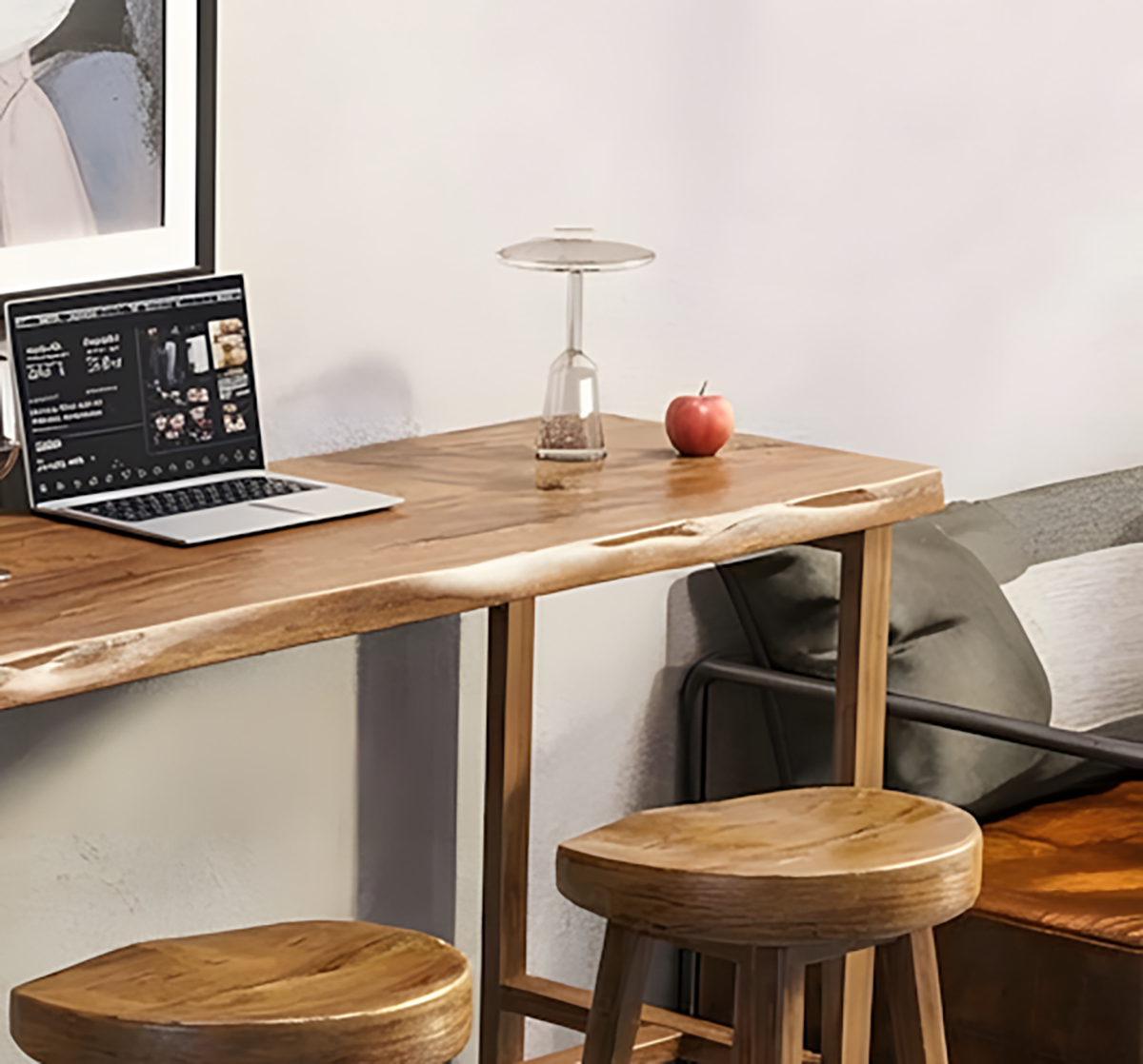 Live edge solid wood bar table and handmade wall shelf table with integrated storage layers