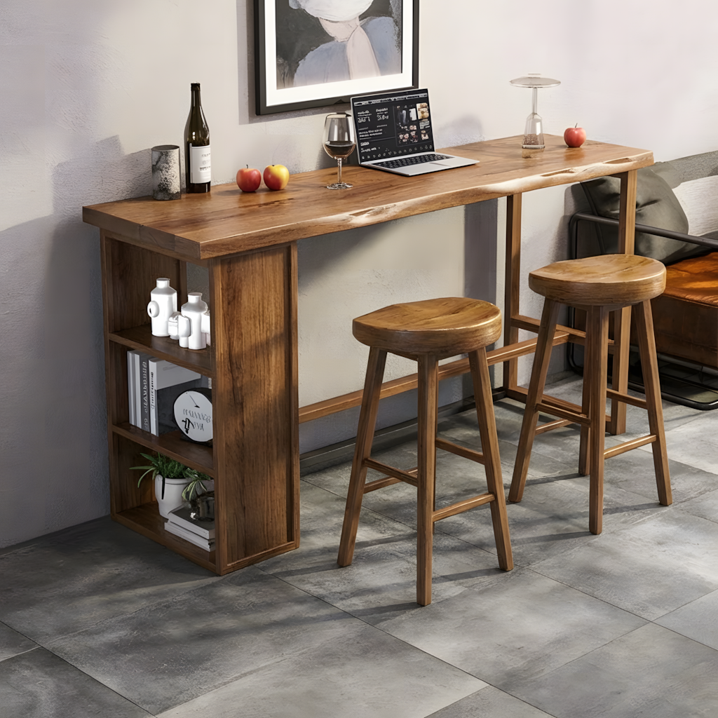 Unique natural wood bar table with side storage shelves placed next to a living room sofa