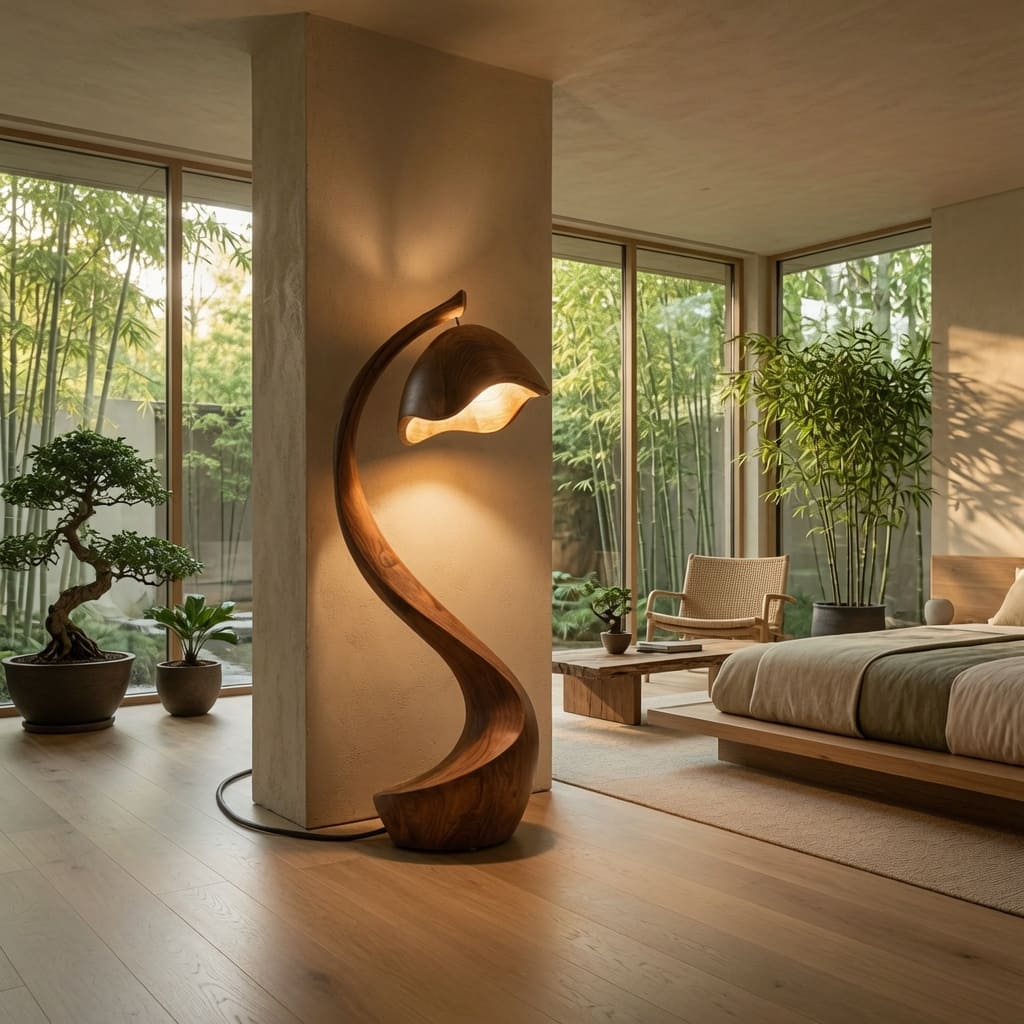 Statement wood floor lamp enhancing a farmhouse style interior