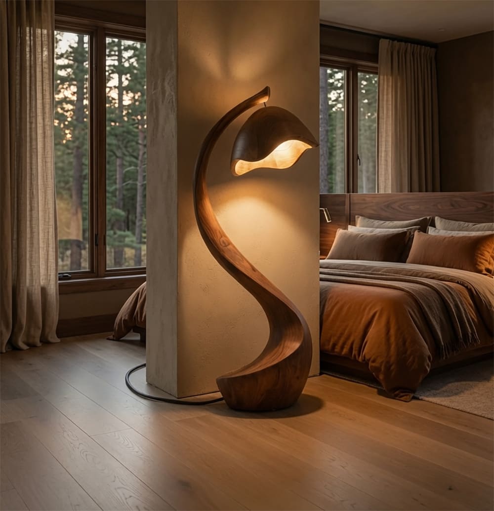Rustic wooden floor lamp with statement design crafted from premium solid wood