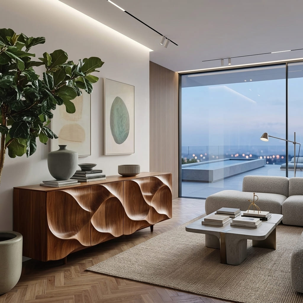 Organic modern solid wood credenza displayed in an elegant living room interior