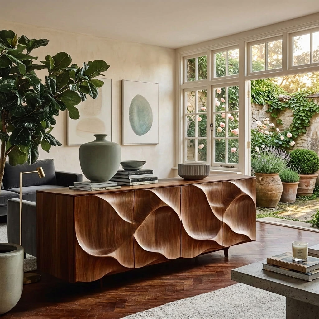 Rustic wooden sideboard styled as a statement storage piece in a contemporary living room
