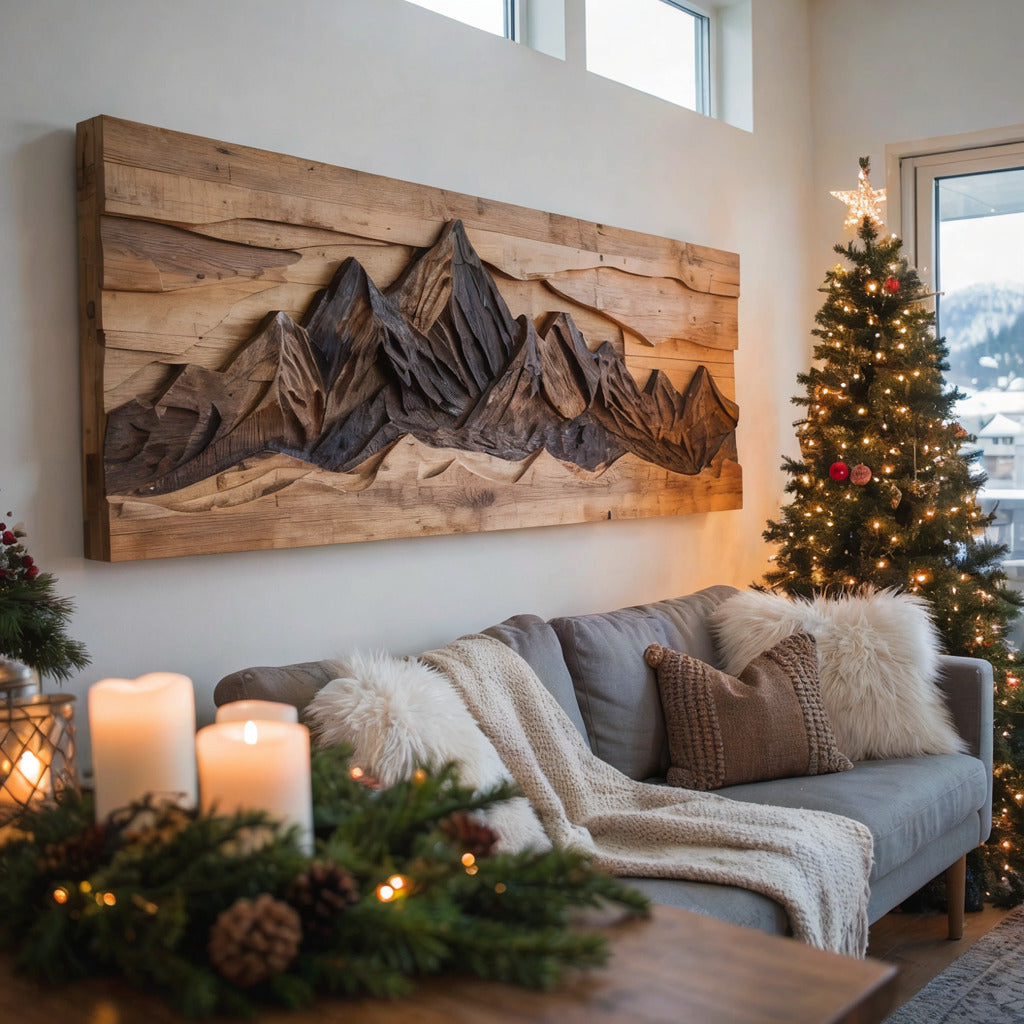 Sculptural Carved Mountain Landscape Solid Wood Wall Art