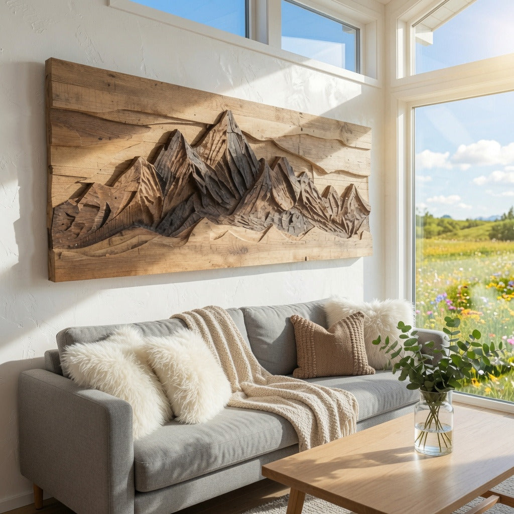 Sculptural Carved Mountain Landscape Solid Wood Wall Art