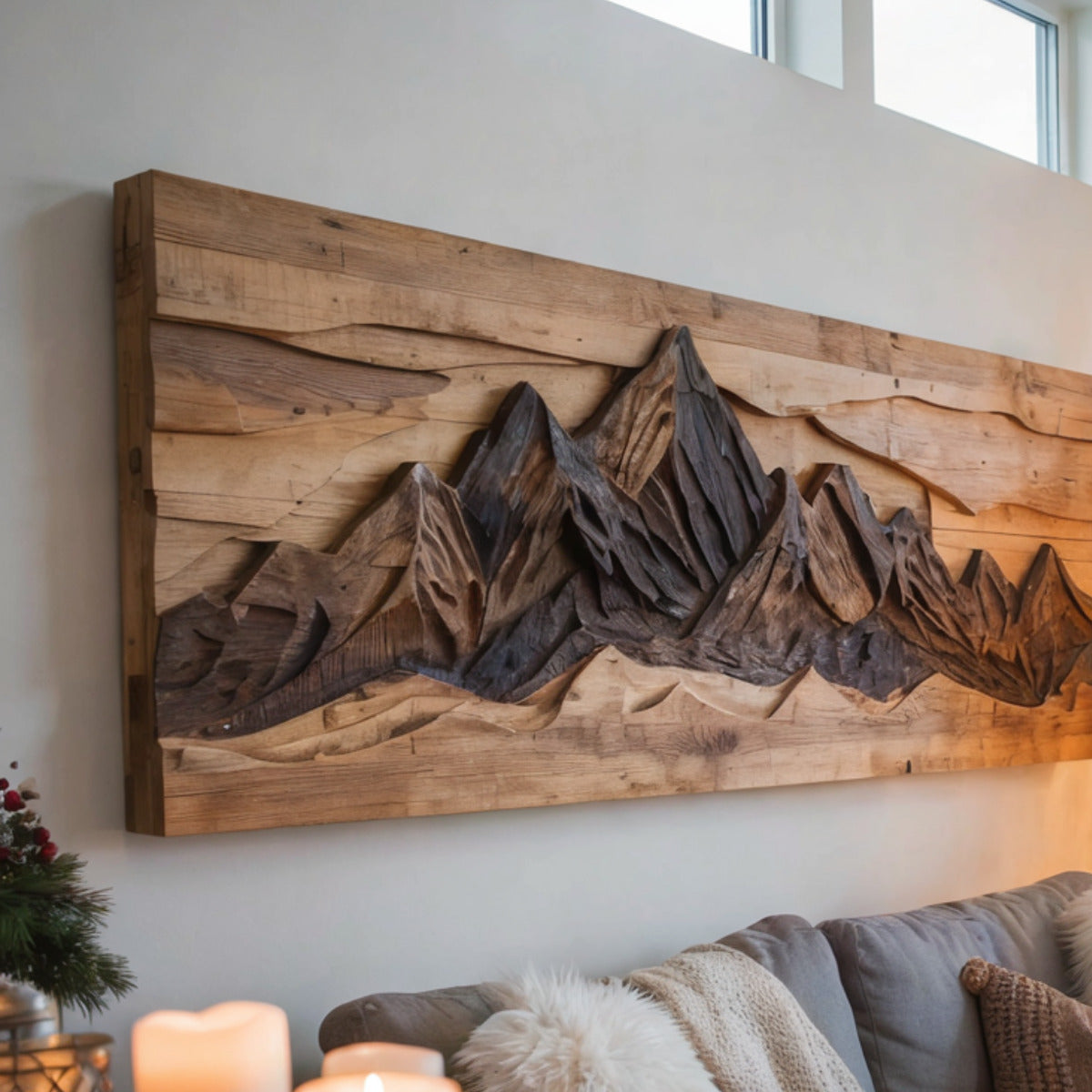 Sculptural Carved Mountain Landscape Solid Wood Wall Art