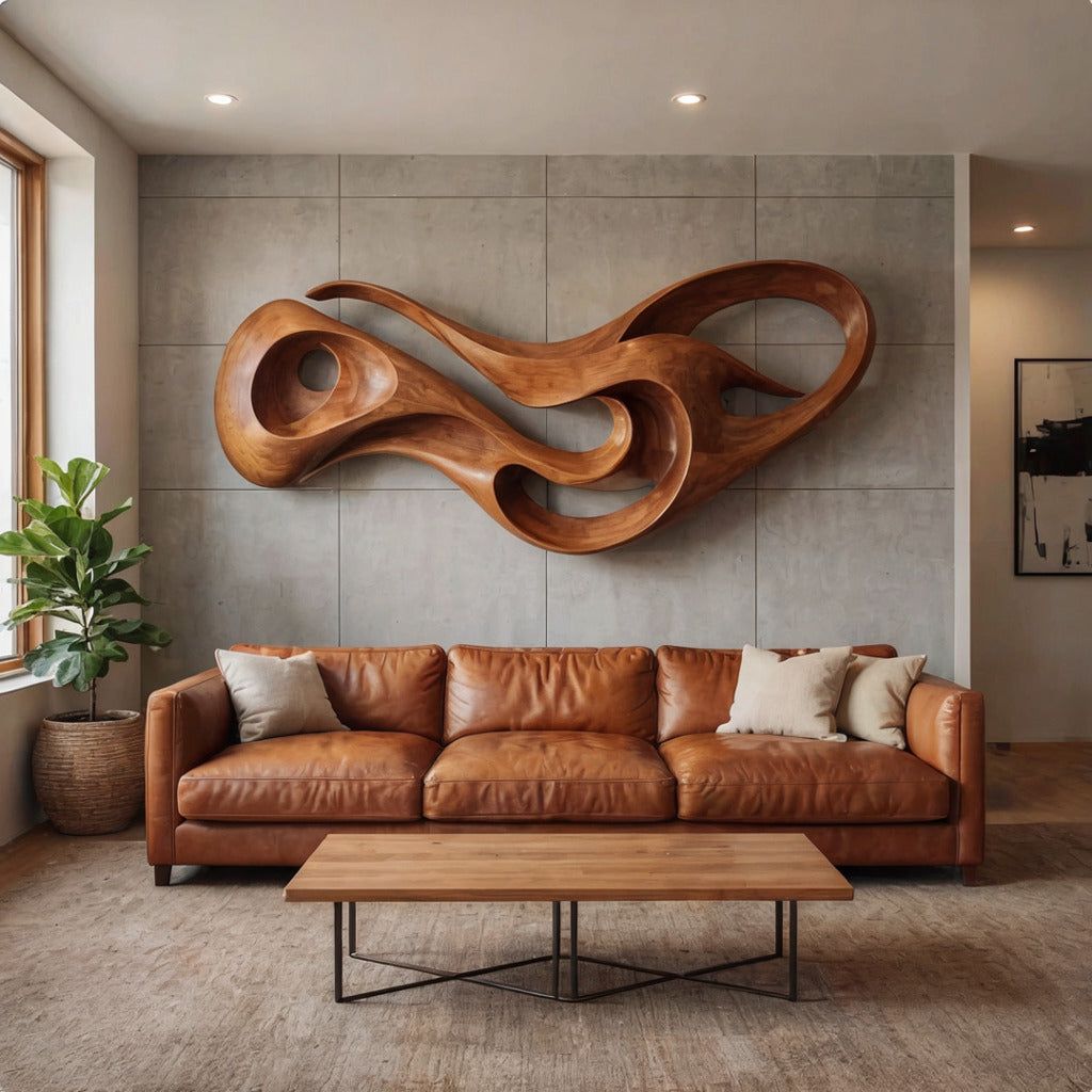 Organic wooden wall sculpture displayed above a contemporary sofa