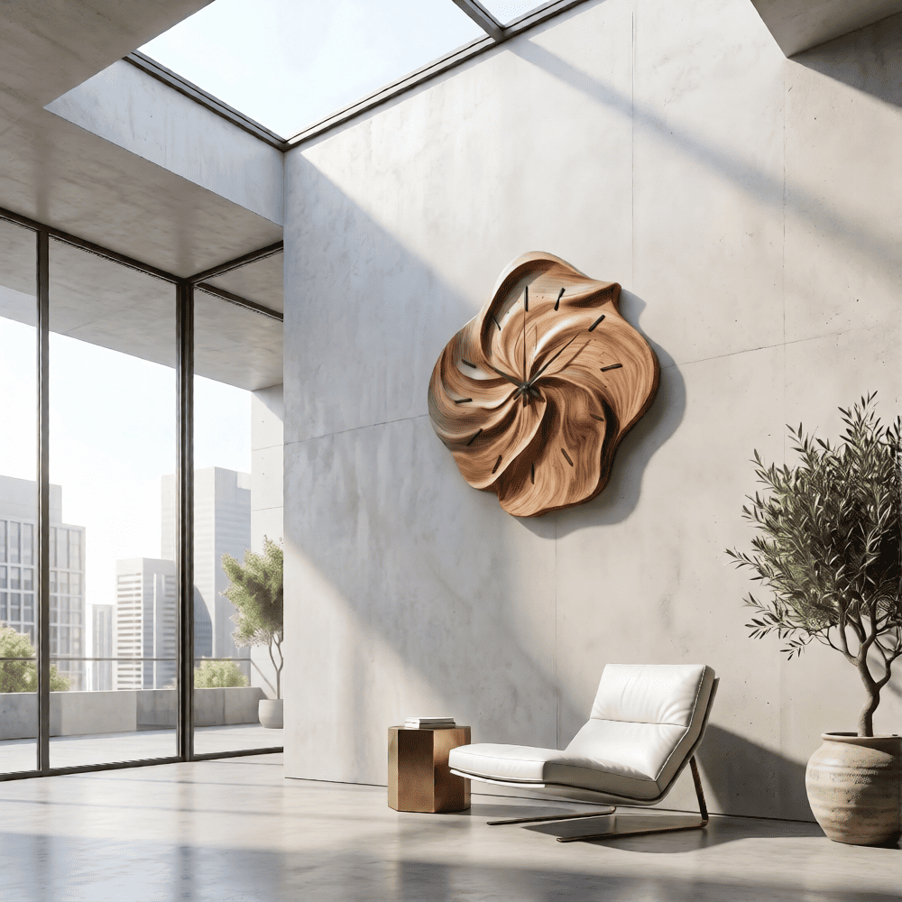 Sculptural Hand-Carved Biomorphic Solid Wood Swirl Wall Clock with Fluted Petal Relief & Silent Quartz Movement