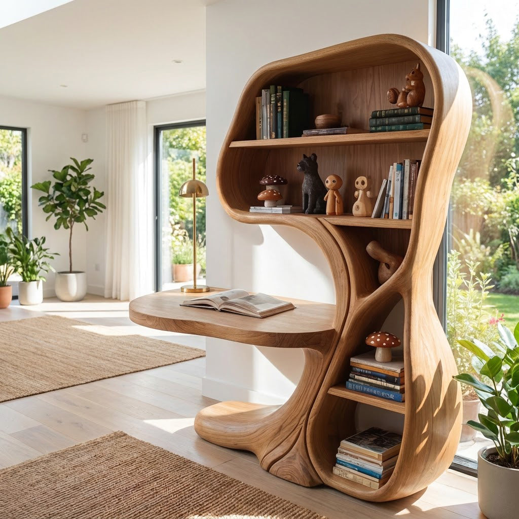 Sculptural solid wood curvilinear desk and bookshelf combo in a contemporary home office