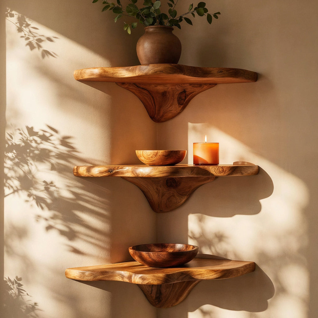 Sculptural solid wood corner display shelf showcased in an elegant home