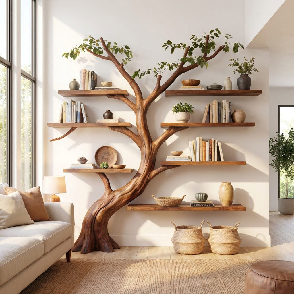 Hand-carved branch wall shelving unit in solid wood