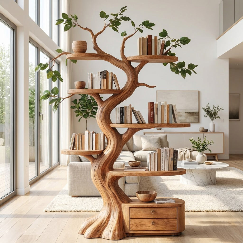 Sculptural natural wood branch wall display unit with storage for a cozy living room