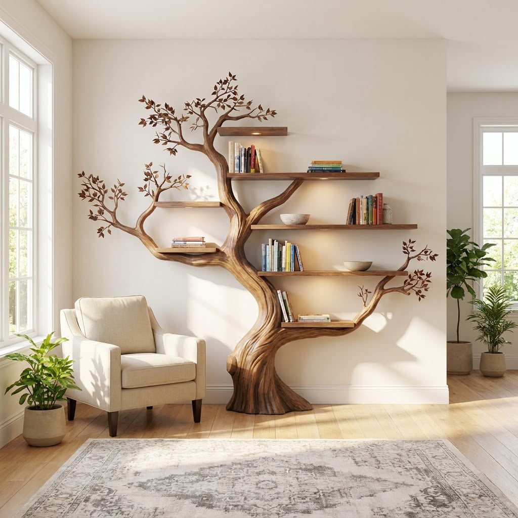 Sculptural solid wood tree bookshelf showcased in an elegant illuminated home interior