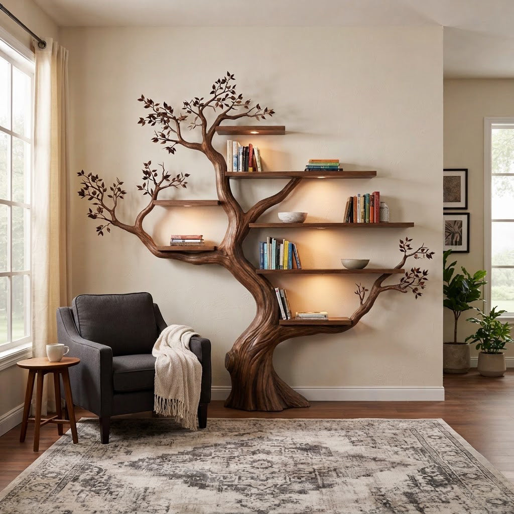 Artistic solid wood branch display unit enhancing a contemporary living space with ambient lighting