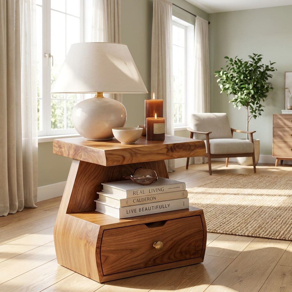 Artisanal solid timber bedside table with storage drawer elevating a luxury minimalist bedroom interior