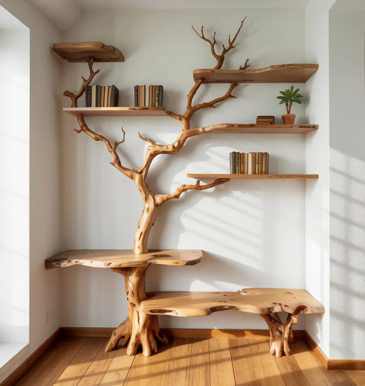 Sculptural live edge tree branch bookshelf made from solid wood