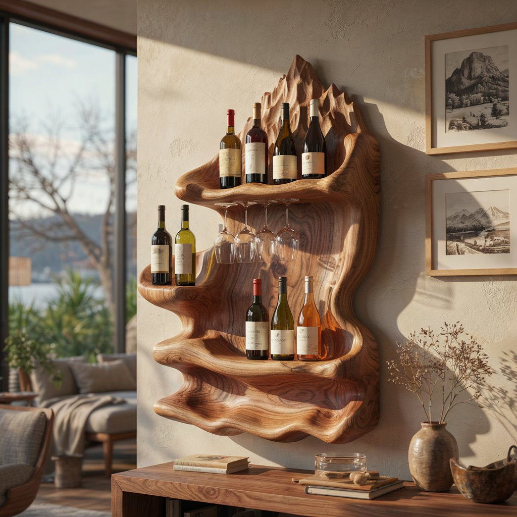 Sculptural mountain ridge wine rack in solid wood