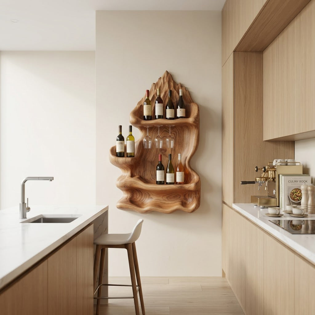 Organic solid wood mountain wine rack styled in an elegant kitchen