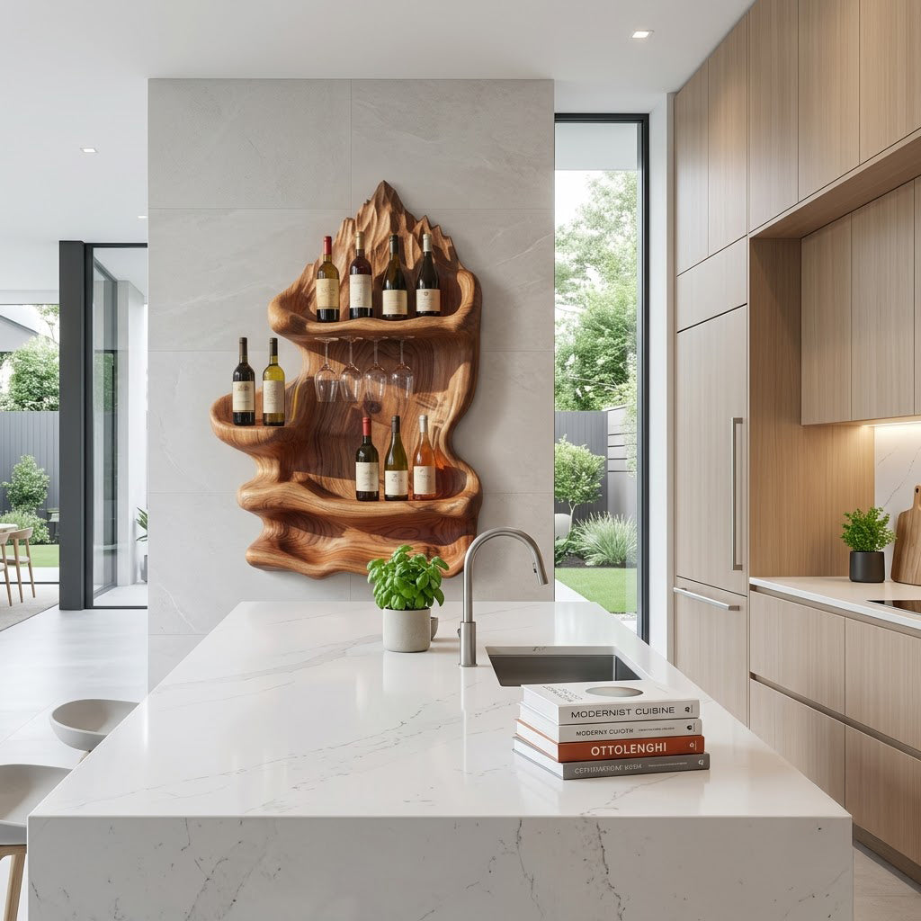 Sculptural solid wood wine rack showcased as a functional wall display in a modern interior
