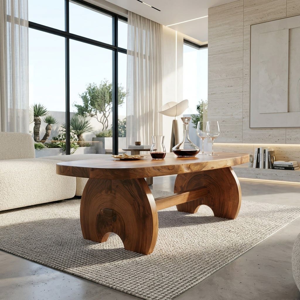 Oval slab solid wood coffee table with a unique pedestal base for sophisticated home decor