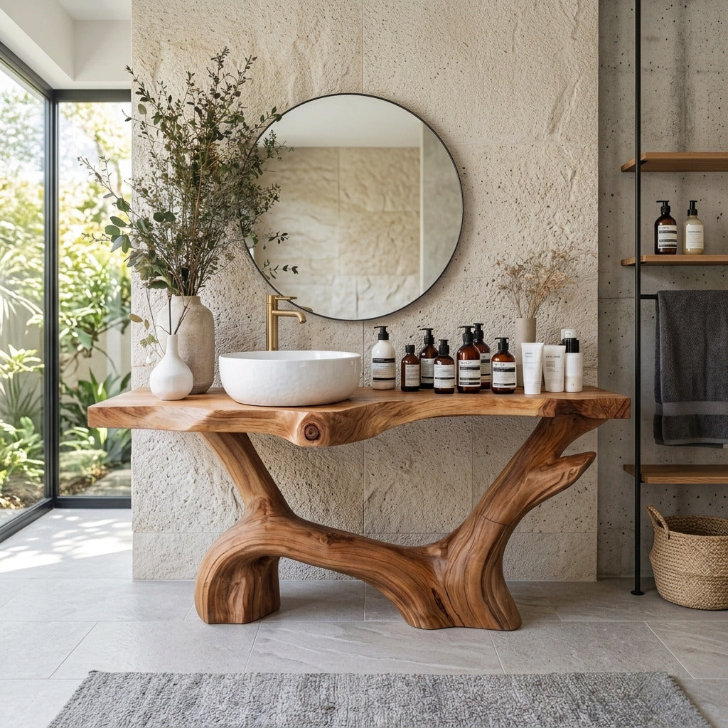 Organic hardwood bathroom sink table creating a spa-inspired interior
