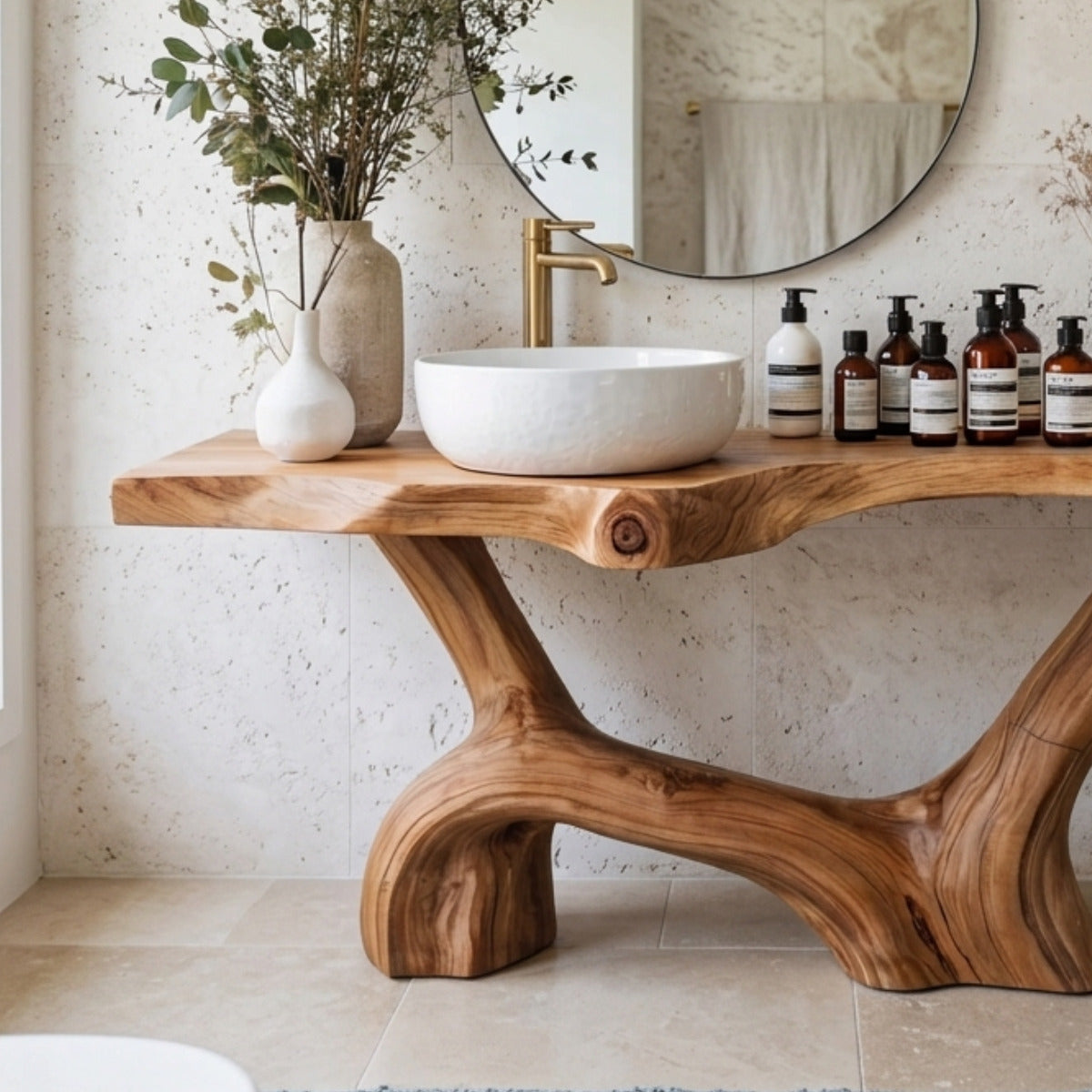 Modern organic live edge vanity with root base