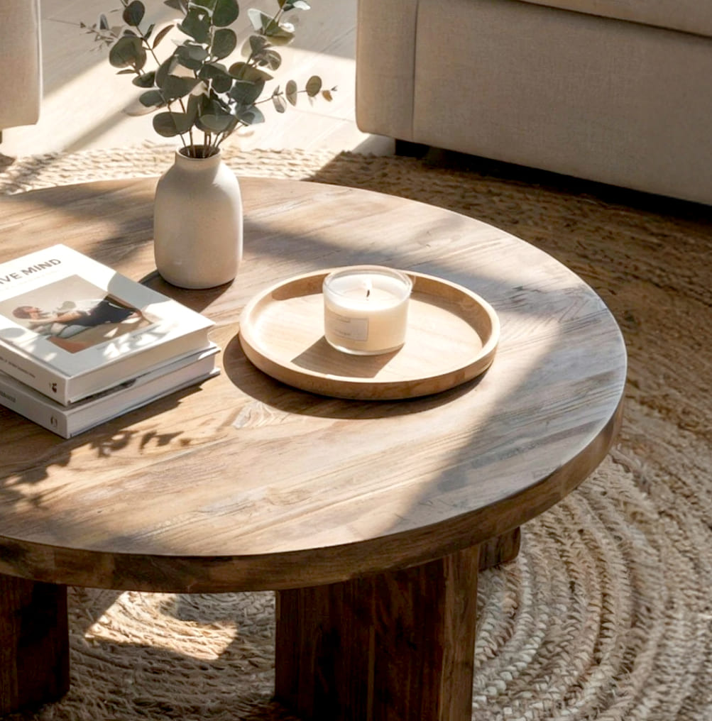 Organic modern round coffee table featuring handcrafted solid wood construction