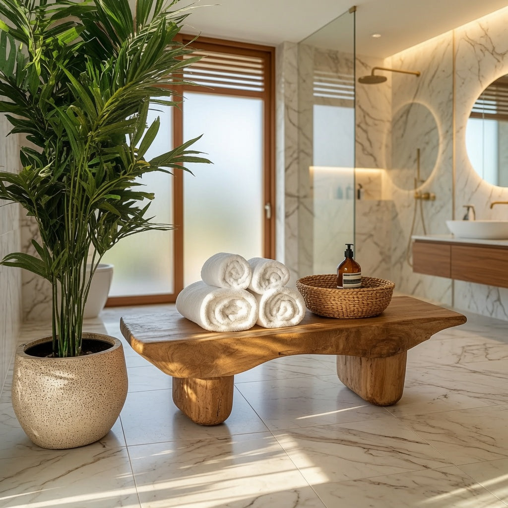 Sculptural solid wood shower bench with storage in a luxury bathroom