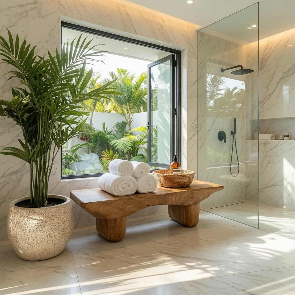 Sculptural shower bench with storage in solid wood