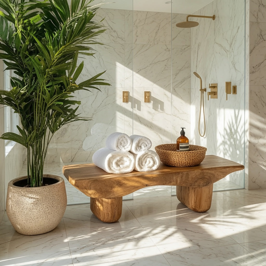 Modern hardwood shower bench with storage shelf in a contemporary bathroom