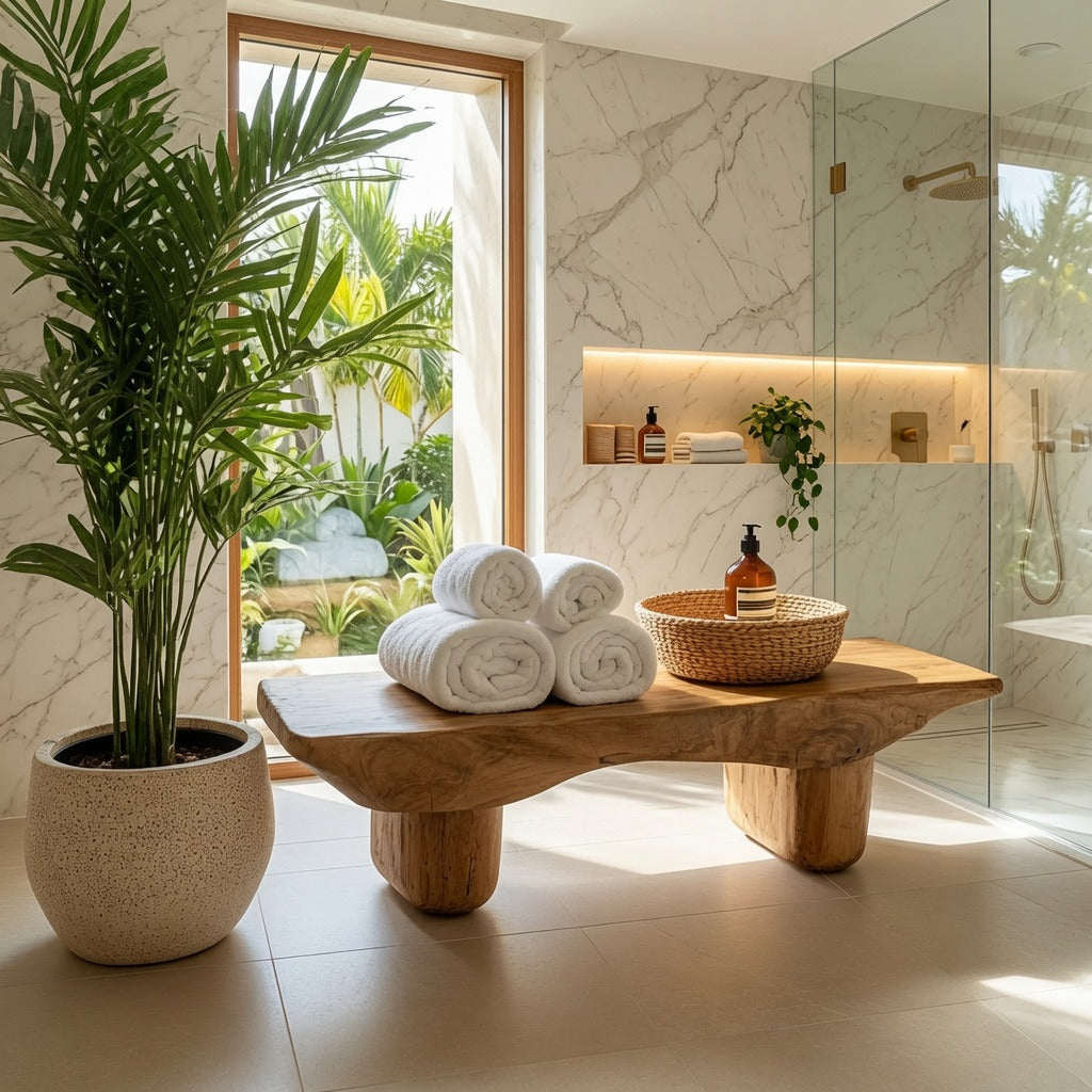 Sculptural wooden shower seat adding elegance and functionality to a modern bathroom