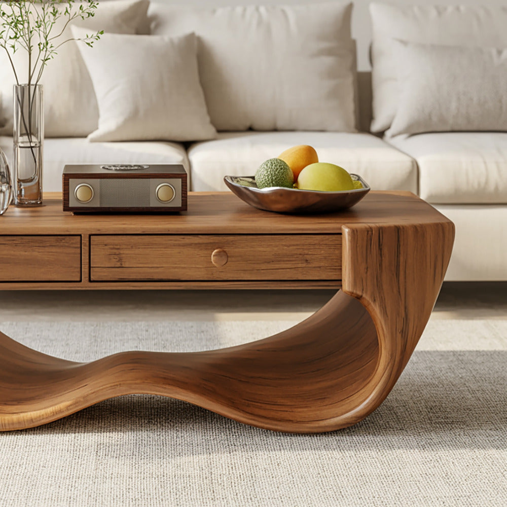 Artistic solid wood coffee table with a sculptural wave design