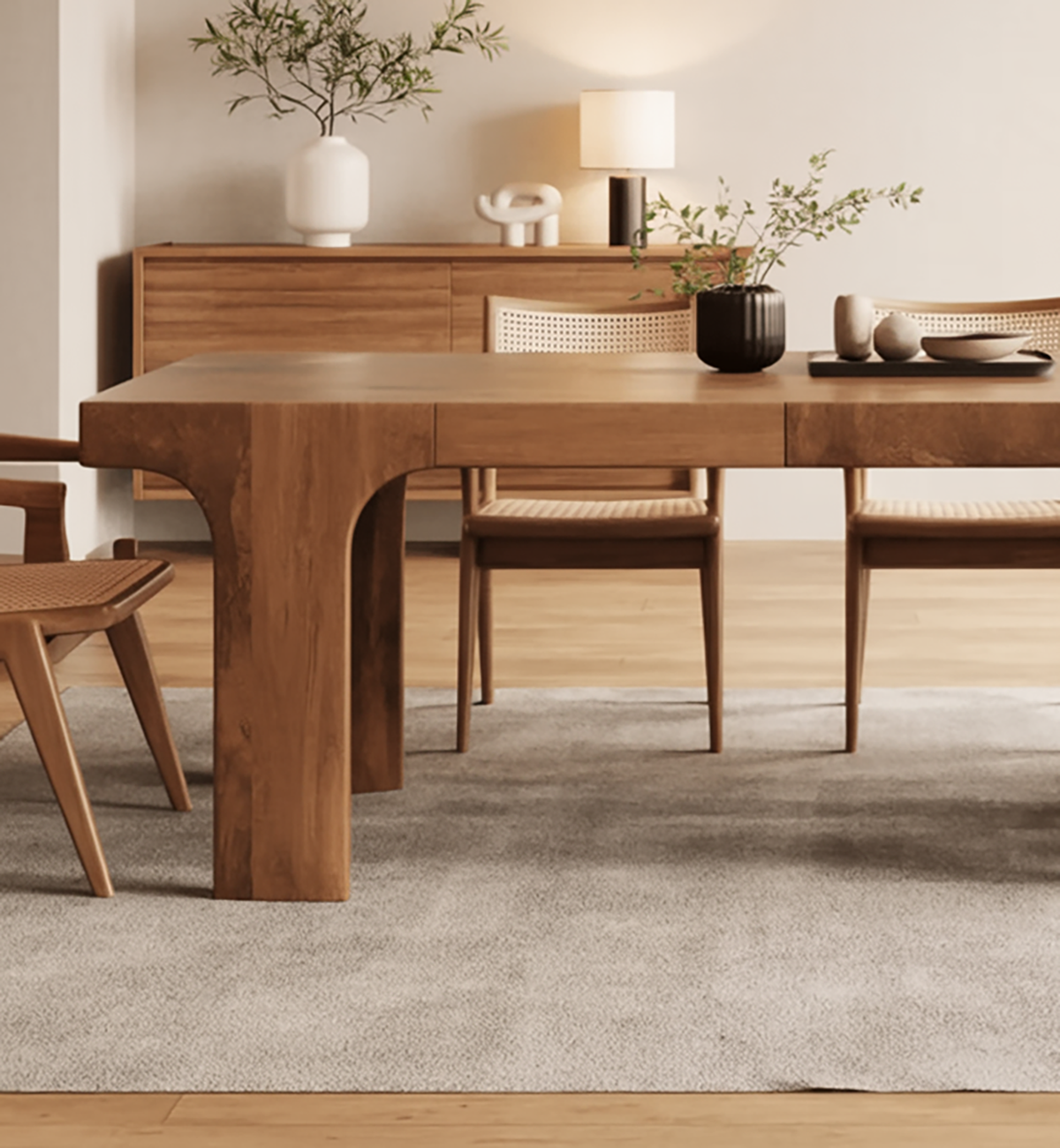 Japandi dining furniture with sculptural wood detailing