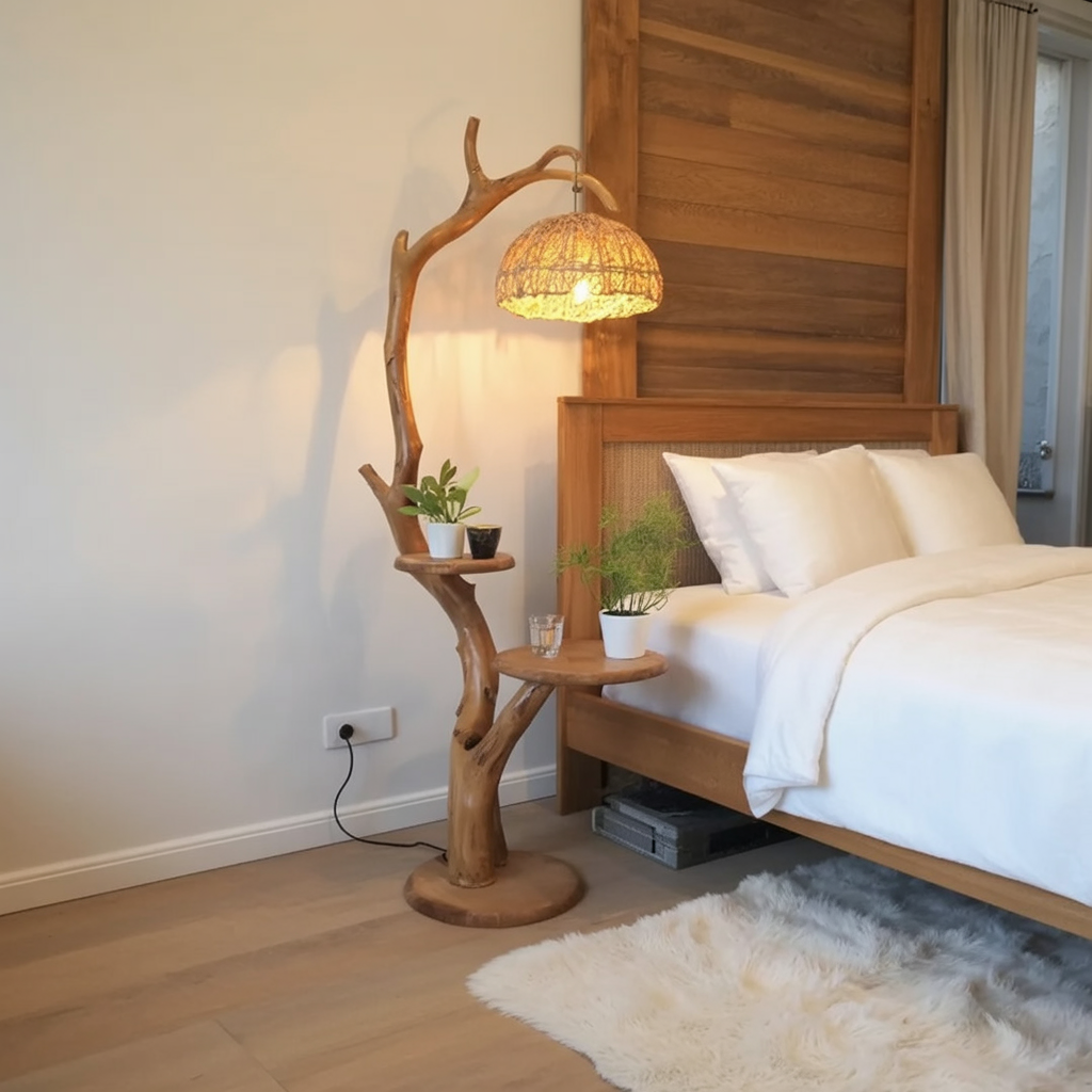 Handmade tree branch lamp with sculptural wood silhouette
