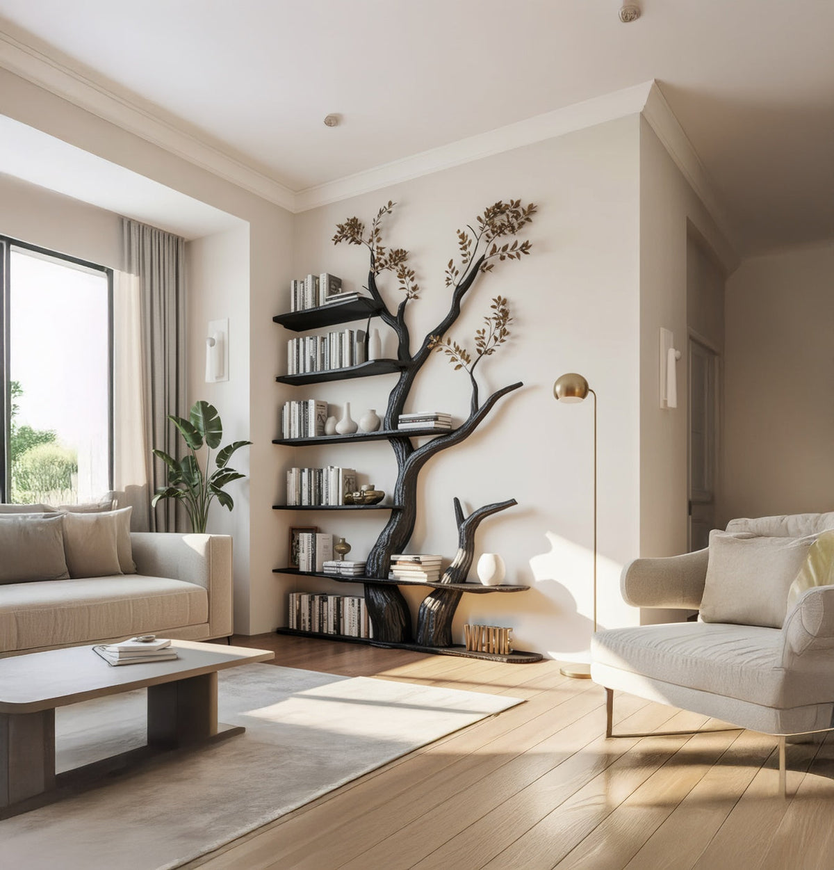 Black tree branch wall shelf handcrafted from solid wood