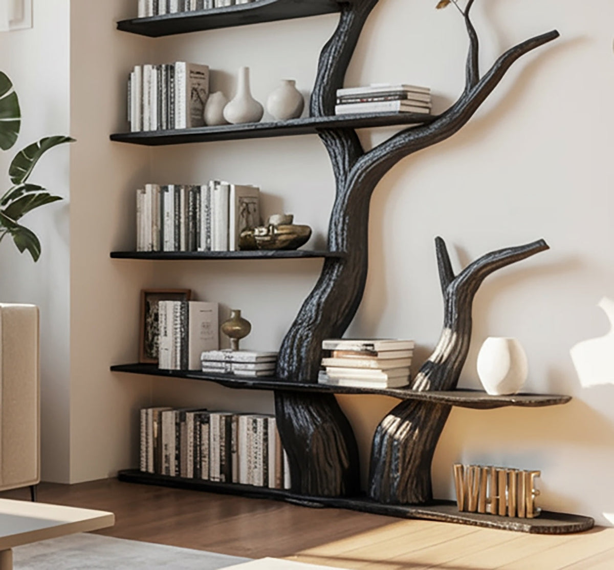 Tree wall bookshelf dark wood design styled with books and white vases
