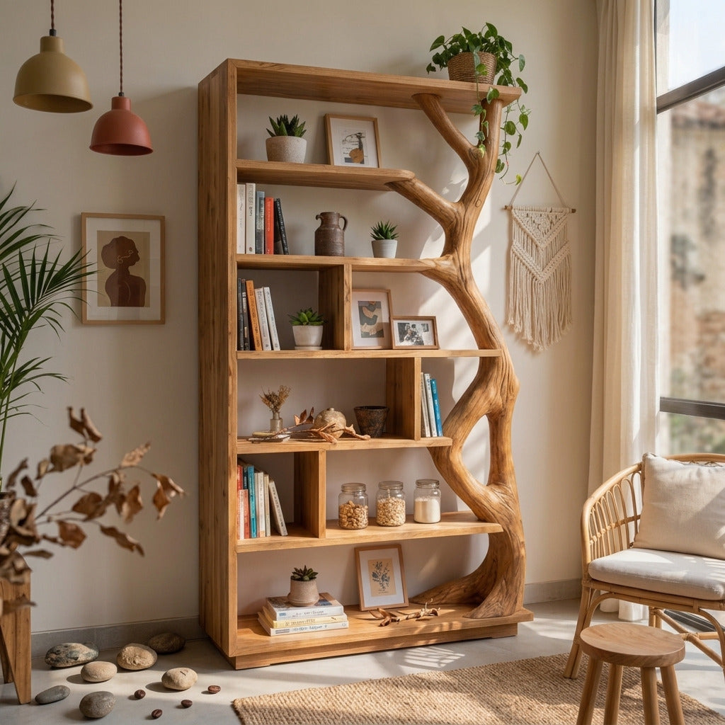 Organic tree branch bookcase creating a cozy reading corner