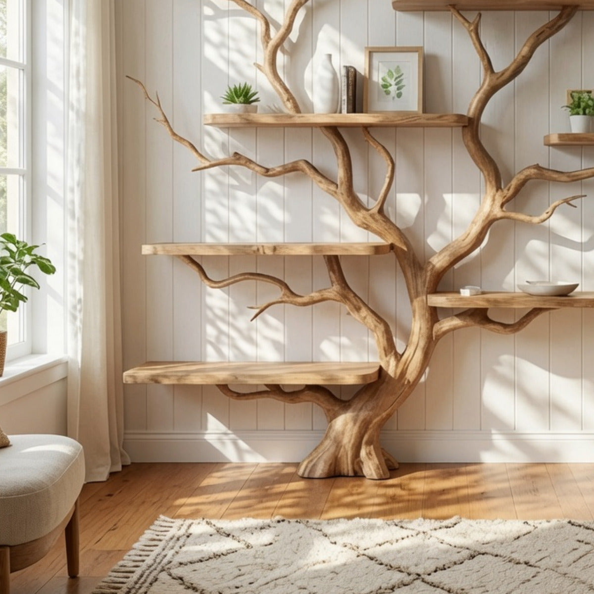 Handcrafted solid wood tree branch bookshelf