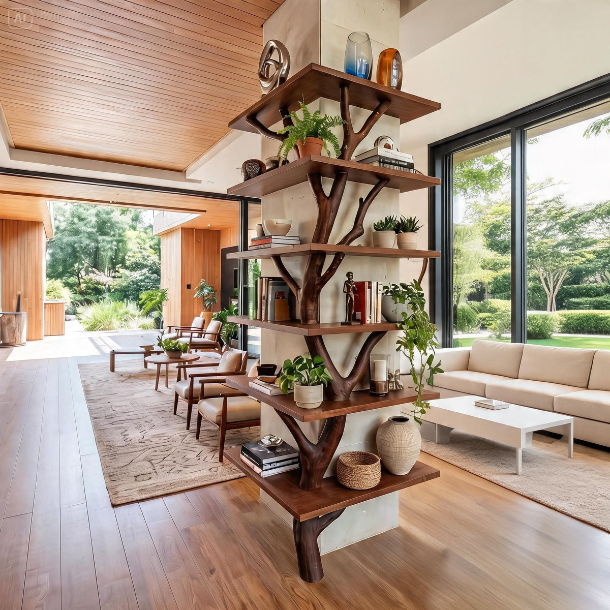 Organic modern solid wood tree bookshelf in a minimalist living room