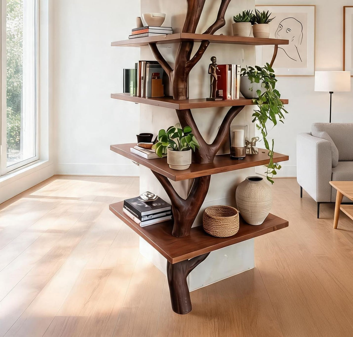 Sculptural tree branch bookshelf in solid wood