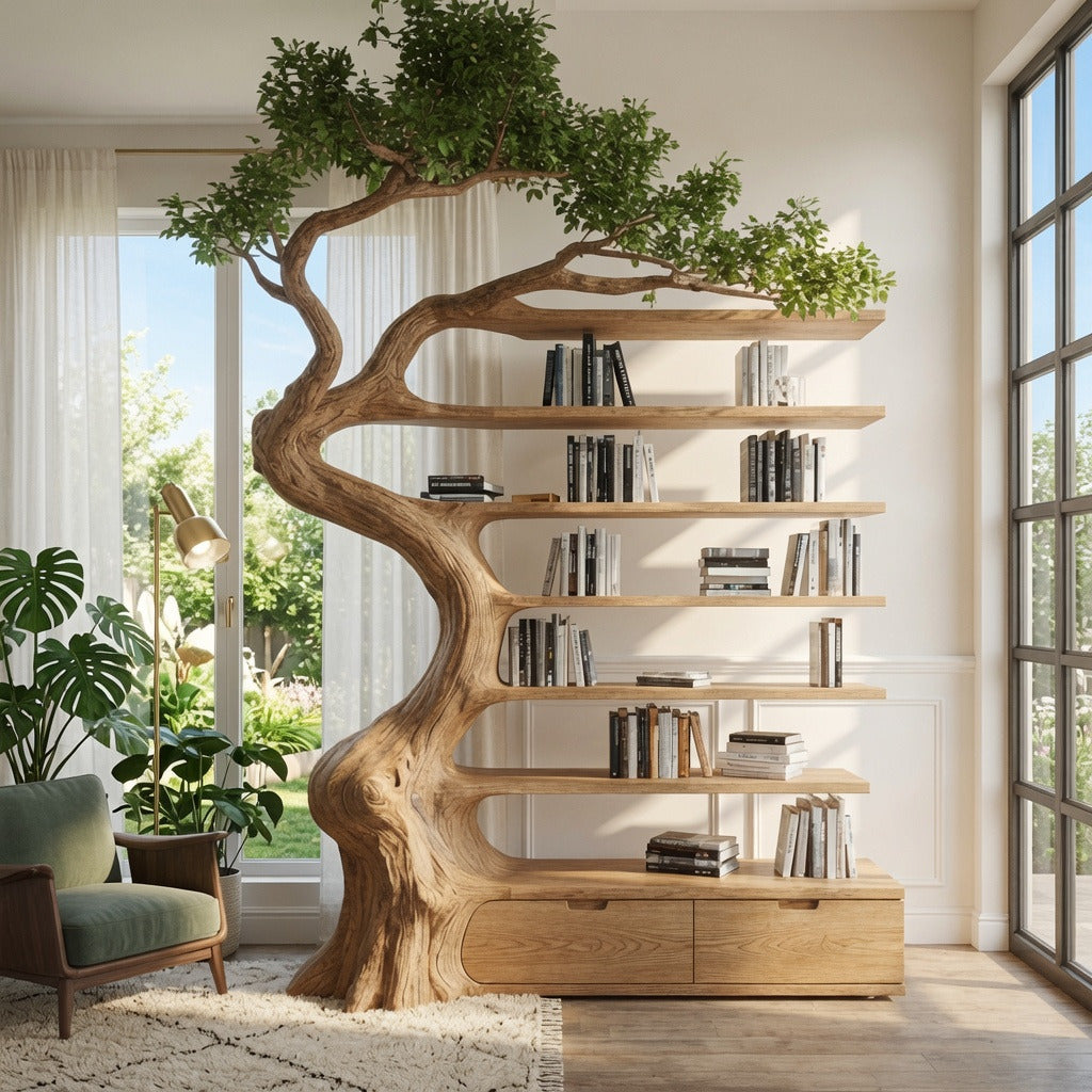 Sculptural tree branch bookshelf in solid wood