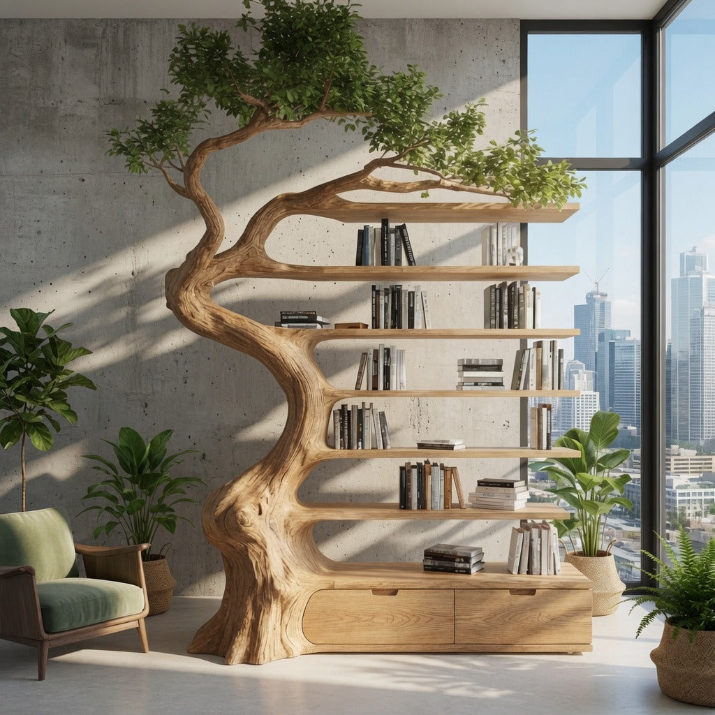 Artisan tree branch bookshelf displaying books and décor in a stylish living area
